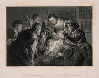 A tooth-drawer in his practice extracting a tooth from a seated patient who is surrounded by friends and family holding candles. Engraving by D.J. Pound after G. van Honthorst.
