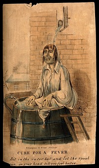 A man self-administering hydrotherapy, sitting outside in a barrel. Coloured lithograph.