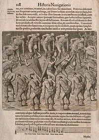 Brazil: Tupinamba Indian shamans (caraibes) wearing feather head-dresses surrounded by men dancing in a circle. Engraving by T. de Bry after J. de Léry, 1592.