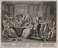 The rake carouses in a tavern full of prostitutes. Engraving by Thomas Bowles, 1735.