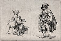(Left) an old woman sitting on a stool with a cat and warming her hands at a brazier; (right) an old man playing the hurdy-gurdy. Etching by E. Russell after J. Callot.
