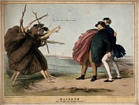 On a windswept heath, three witches prophesy to an aghast Daniel O' Connell. Coloured lithograph by h.b. (unknown artist), 1843.