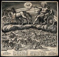 Apollo riding the chariot of the Sun across the heavens. Engraving by J. Sadeler after M. de Vos.