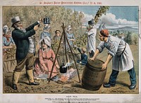 John Bull making hop-tea in front of a hop grower and his workers; representing adulteration of beer by brewers. Chromolithograph by T. Merry, 1890, after himself.