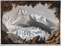 The Glacier des Bains [or Bois], Mont Blanc, from the Montanvert to Chamonix. Colour lithograph by J. Arnout, 1843, after G. Loppé.