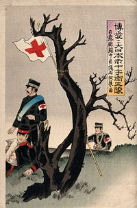 Russo-Japanese War: two Red Cross officers with a wounded Japanese soldier; in the foreground, a bamboo pole surmounted by the Red Cross flag is tied to a dead tree. Coloured woodcut, 1904.