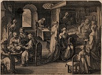 John the Baptist receiving his first bath, Elizabeth is recovering in bed while Zacharias is recording the childs name. Engraving by C. Galle after J. van der Straet.