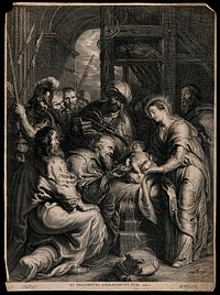 The infant Jesus grabs at the gold offered to him by the Magi. Engraving by S.A. Bolswert after Sir P.P. Rubens.