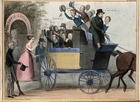 Daniel O'Connell drives a coach containing cheering schoolboy politicians that departs from the "Victoria Establishment". Coloured lithograph by H.B. (John Doyle), 1840.