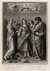 Saint Mary Magdalen, Saint Augustine of Hippo, Saint Cecilia, Saint John the Evangelist, Saint Paul the Apostle and angels above. Engraving by R. Strange, 1771, after Raphael.