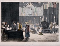 Rome: people praying at a catafalque in a church for the souls in purgatory. Coloured lithograph by F. Villain after A.J.-B. Thomas, 1823.