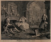 The viscount sits despondent in a chair, his wife indicates tiredness by stretching her arms, while a disapproving steward exits carrying a handful of bills. Engraving by B. Baron after W. Hogarth, 1745.