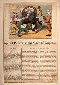 Court hearing of a dispute in which a doctor refuses to pay his tailor for some unsatisfactory breeches. Coloured etching by T. Rowlandson, 1802, after G.M. Woodward.