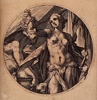Judith with Holofernes' head. Line engraving.