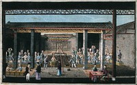 A tea plantation in China: tea is shown being weighed, while workers tread down congou tea into chests and a man in Western dress converses with a senior plantation worker. Gouache, China, 1800/1850.
