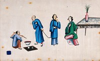 Two Chinese men and two women smoking from pipes. Gouache painting on rice-paper, 18--.