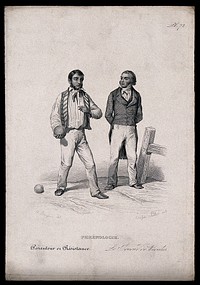 Men of opposing social classes in a game of boules; illustrating the faculty of weight and resistance in phrenology. Steel engraving by A. Portier, 1847, after H. Bruyères.