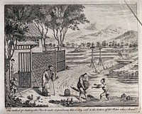 Agriculture: rice paddies in China, soaking the rice in an irrigation ditch. Engraving by J. June after A. Heckel.