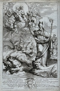 Saint Bernard of Uberti stopping the flooding of the Po. Engraving by A. de Petri, ca. 1701, after C. Maratta.