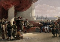 The Viceroy of Egypt in conversation with British officials, with attendants looking on, Alexandria, Egypt. Coloured lithograph by Louis Haghe after David Roberts, 1849.