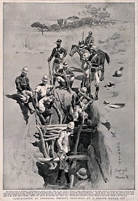 Second Matabele War, Zimbabwe: British soldiers climbing down to fetch water from the bottom of a pit. Halftone by André & Sleigh Ld after C.E. Fripp, 1896.