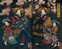 A courtesan promenading under cherry trees of the Yoshiwara, accompanied by her child attendant. Colour woodcut by Yoshitora, 1859.