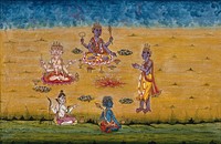 A man prays to Brahman, Vishnu and Shiva and another deity as they perform a yagna, a fire sacrifice, an old vedic ritual where offerings are made to the god of fire, Agni. Gouache painting by an Indian artist.