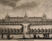 The Hospital of Bethlem [Bedlam] at Moorfields, London: seen from the south, with people walking in the foreground. Engraving.