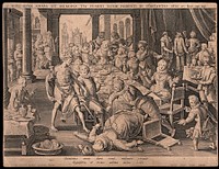 A dinner party is interrupted by the appearance of Death who has captured a lady with his chain. Etching by Raphaël Sadeler after Jan van der Straet.