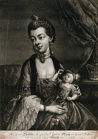 Queen Charlotte, and George Prince of Wales as an infant seated on her lap. Mezzotint by R. Houston after R. Pile (Pyle) , ca. 1765.