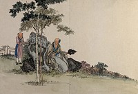 A Chinese sage is offered food in a garden. Gouache by a Chinese artist, ca. 1850.