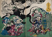 People bewitched  by a tengu (Japanese mountain demon) Colour woodcut attributed to Kyōsai, 187-.