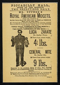 [Leaflet advertising appearances by Frank Uffner's American Midgets: Lucia Zarate and General Mite at the Piccadilly Hall, London. Printed on white paper. 'Punch's mitey little joke' on the reverse].