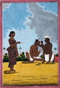 A country barber shaving a man; a woman stands on the left. Gouache, 18--.