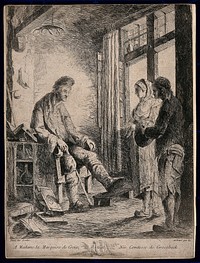 Two people come into a pharmacy to ask for advice, the apothecary sits resting his gouty leg. Etching by N. Loder after himself.