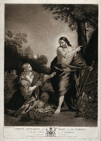 Saint Mary Magdalene reaches out for the risen Christ; he points away. Mezzotint by J. Murphy after G. Farington, 1781, after P. da Cortona.