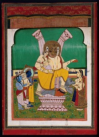 Narasimha, a lion avatar of the Hindu god Vishnu, emerges from a split stone pillar, holding his devotee Prahlada while vanquishing the demon Hiranyakashipu underfoot. Painting by an Indian artist.