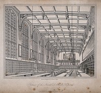 Christ's Hospital, London: the interior of the Hall. Etching by H. Shaw after himself, 1833.