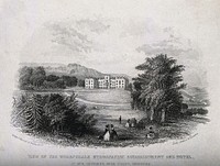 The Wharfedale hydropathic establishment and hotel (Ben Rhydding) with surrounding grounds. Etching, ca. 1860.