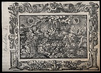 Lightning and stars fall on the earth on the day of Judgement; the sun and the moon hang simultaneously in the sky. Woodcut, 16th century.