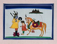 Indian mythological story with a guard  halting a young prince who is leading a horse. Gouache painting by an Indian artist.