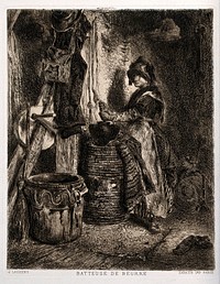 A woman stands at a large vat making butter. Etching by J. Laurens.