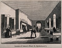 St Bartholomew's Hospital, London: the interior of a ward with nurses and patients. Wood engraving by E. Gilks after W. A. Delamotte.