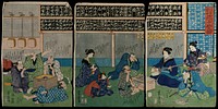 A noted shamisen teacher playing to assembled pupils, some of whom follow with scores, while others relax on the floor. Colour woodcut triptych by Yoshitora, 1866.