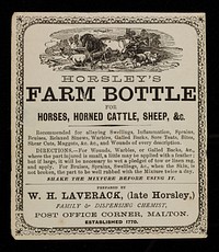 Horsley's farm bottle for horses, horned cattle, sheep, &c. ... / prepared by W.H. Laverack.