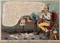 A foolish man kissing a ribbon and surrounded by sentimental keepsakes; representing the Duke of Cumberland's love for Mrs. Powell. Coloured etching by I. Cruikshank, 1804.