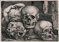 Three skulls are piled up to form a pyramidal composition on which a dead child partly lies. Heliogravure after S. Beham, 1529.