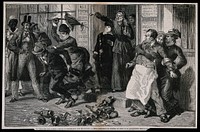 Women eject a drunk and publican from a bar in a crusade against drunkenness. Wood-engraving by A. Joliet, c. 1875, after Castelli.