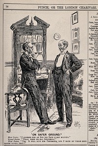 Two physicians discussing a patient: one boasts to the other that he has prescribed a remedy which will aggravate the patient's illness in order to fit the illness to the physician's specialty. Wood engraving by J.B. Partridge, 1896.