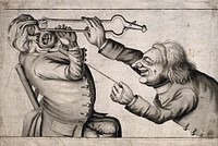 A tooth-drawer frightening his patient with a hot coal causing him to pull away violently and extract a tooth. Pen drawing after J. Collier, 1773.